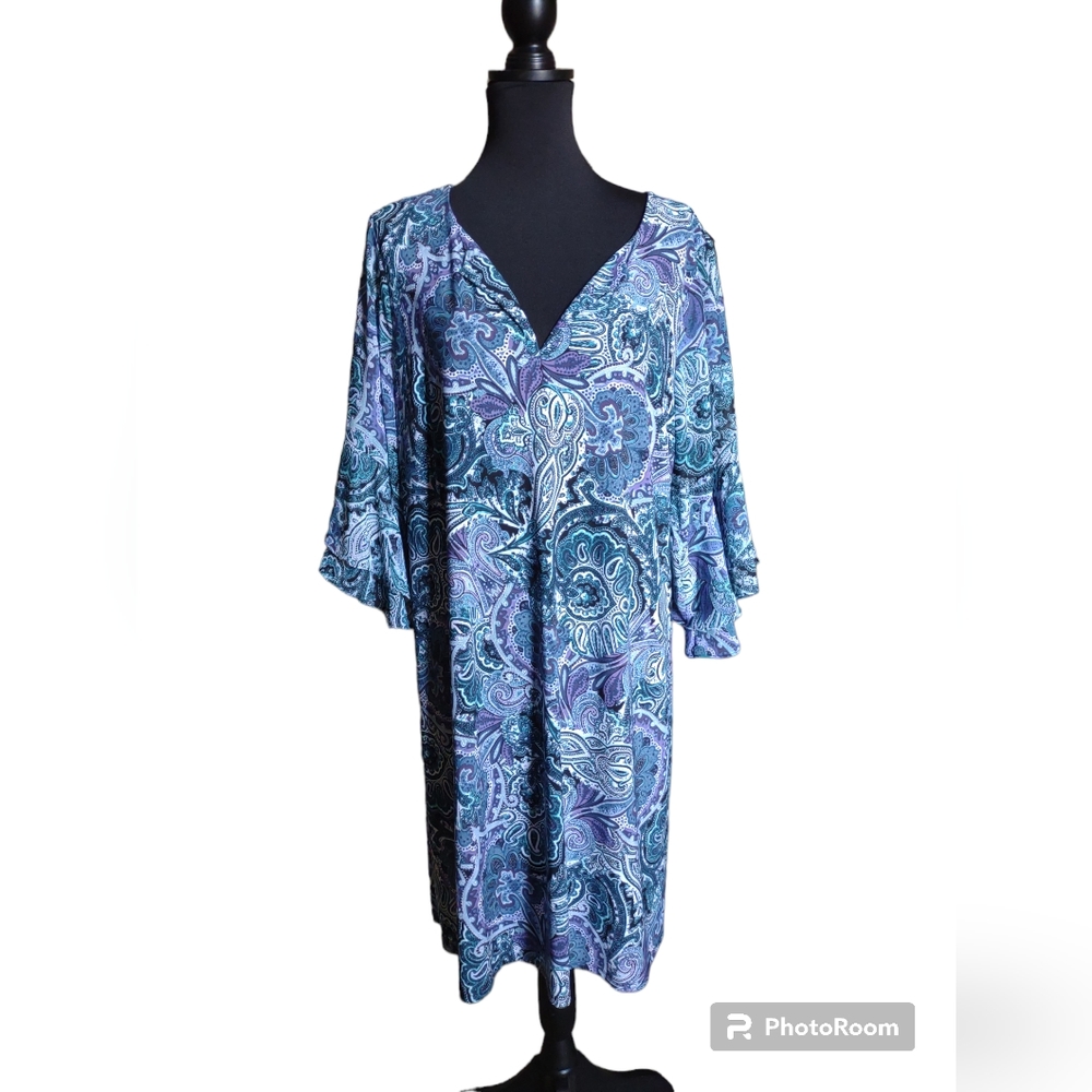 Roz & Ali 1X Purple & Blue Boho Paisley Print Tunic Style Dress with Bell Sleeve
